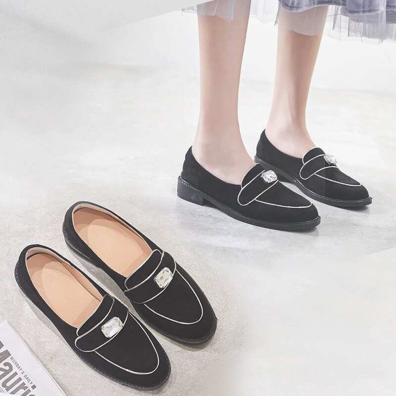 Kjente skinnbånd flate sko dame/jente butikk rhinestone loafers alle-kamp leiligheter semsket skinn brogues calzado mujer