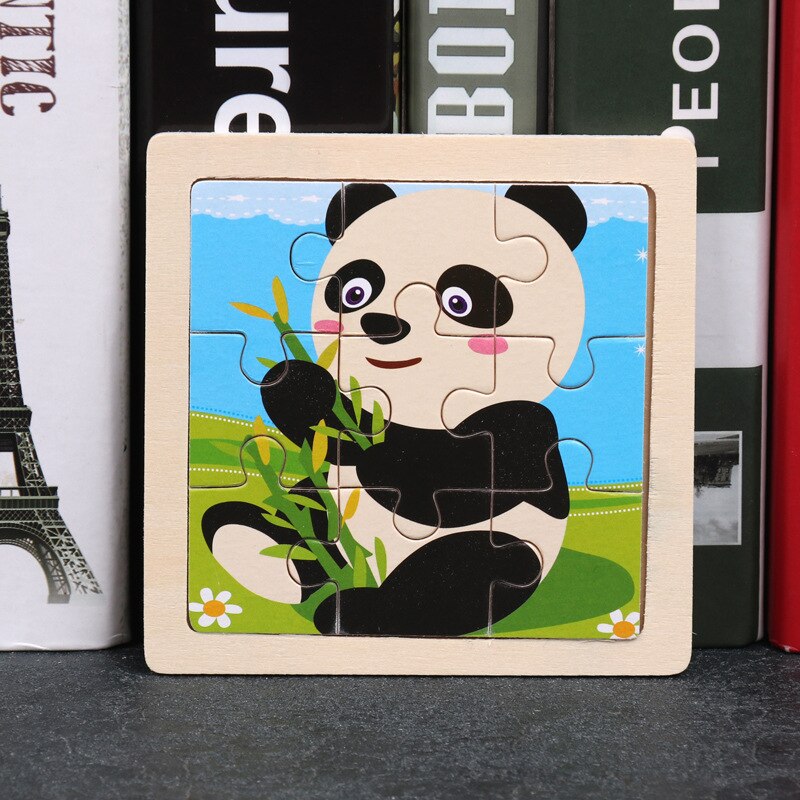 Puzle de madera de juguete para niños, 9 piezas, 3D, mini tamaño, dibujos animados, animales, tráfico, tangram, puzzle, educación: 3-panda