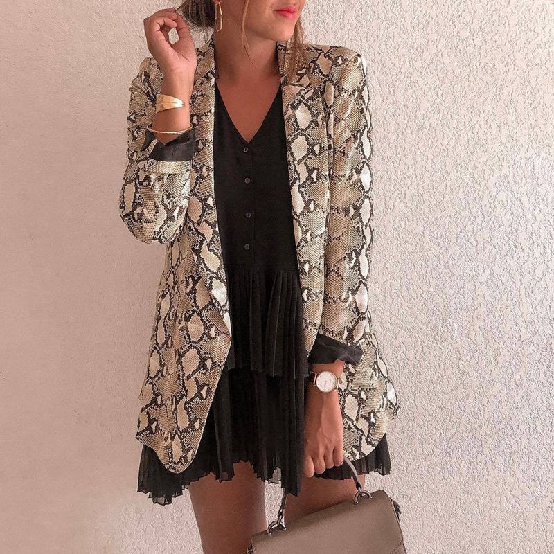 Mode Dunne Jas Sexy Snake Print Lange Mouwen Jas Elegante Vrouwen Open Stitch Bovenkleding Kleding Streetwear: L