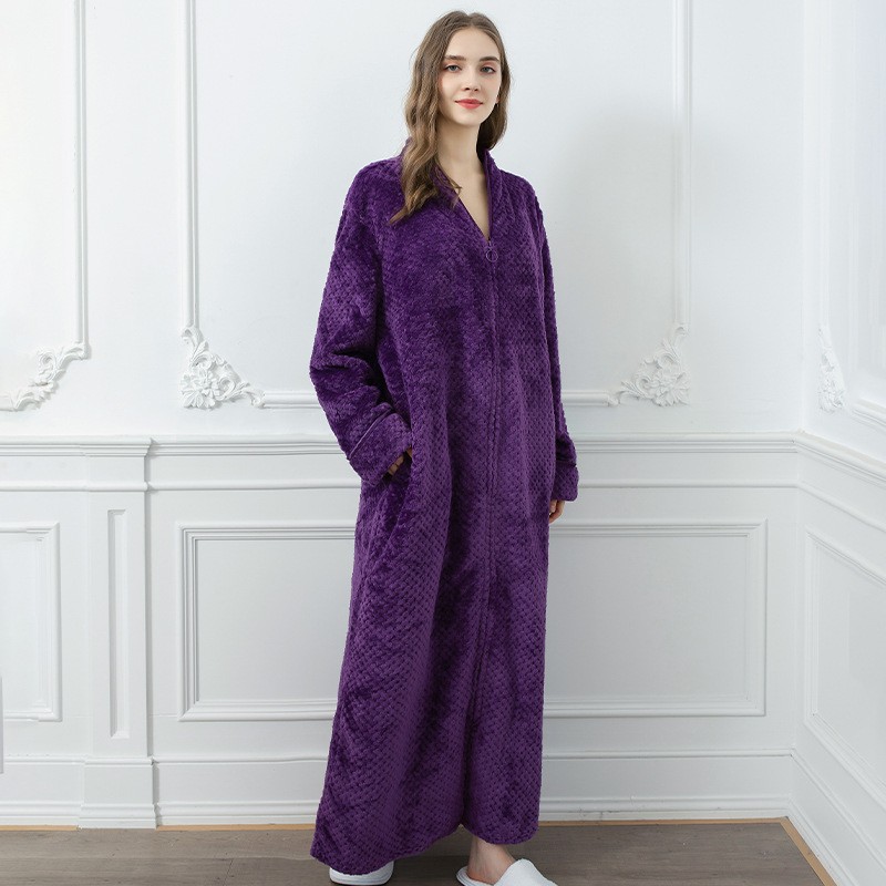 Frauen Winter Extra Lange Warme Jacquard Flanell Bademantel Schwangere Zipper Plus Größe Morgenmantel Lounge Korallen Fleece Bademantel: M / Beige