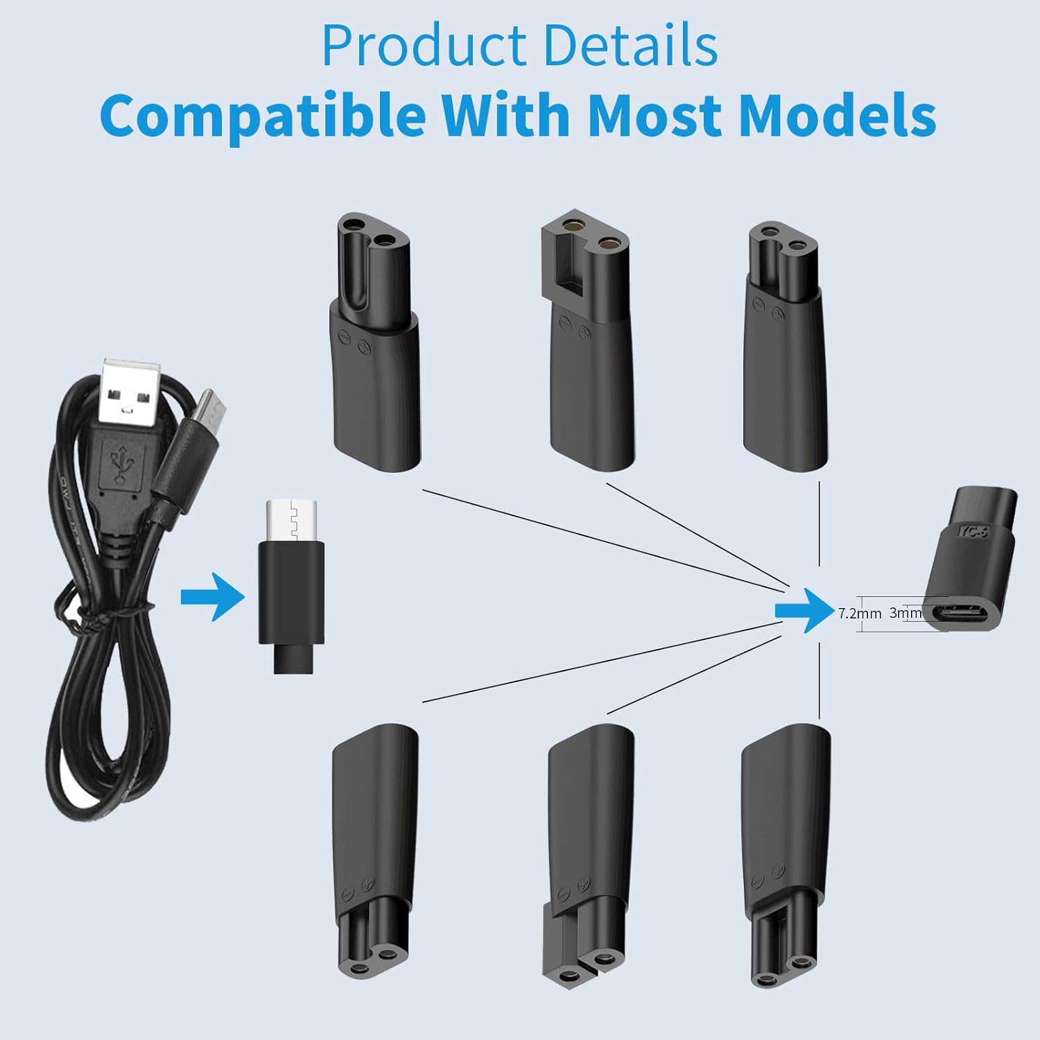 Electric Shaver Power Cord 5V USB Replacement Charger Cable for Electric Hair Clippers, Beard Trimmers, Shavers, Beauty Instrume