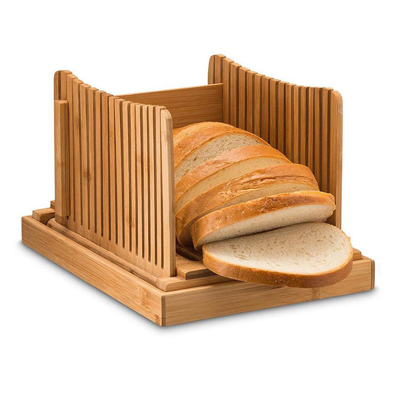 Bamboo Bread Slicer W/ Crumb Catcher Serving Tray Foldable for Easy Storage Wooden Bread Cutting Board Crumb Catcher Holder