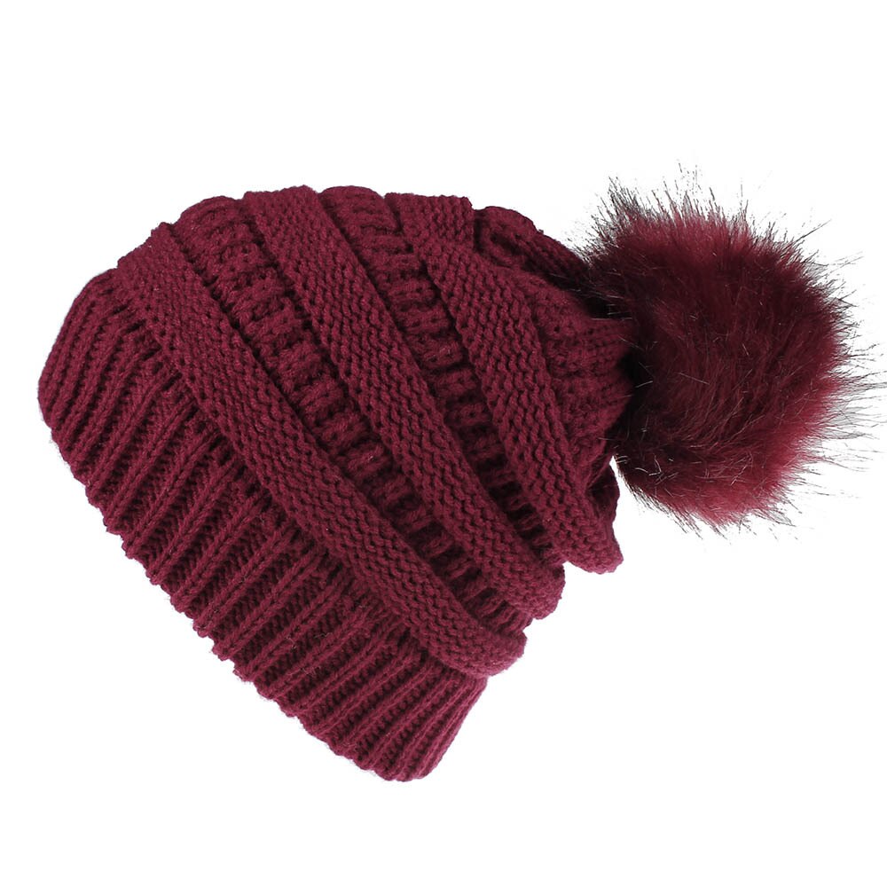 hats for women beanies Winter Wool Ball Hat Women's Knitting Hats Casual Caps Keep Warm Women Turbans: wine red