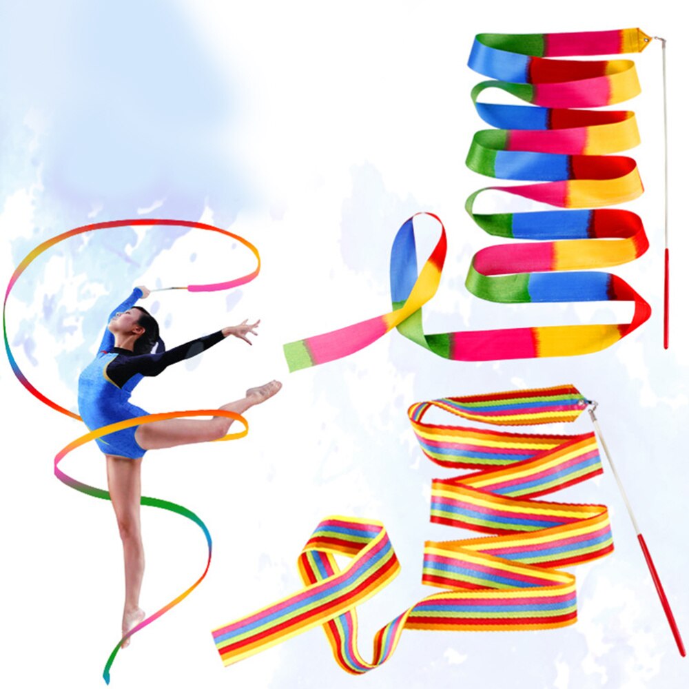 4 Pcs Rhythmic Art Gymnastics Ribbon Children Dancing Streamers Riband Twirling Rod for Performing Trainning Sports (Rainbow Typ