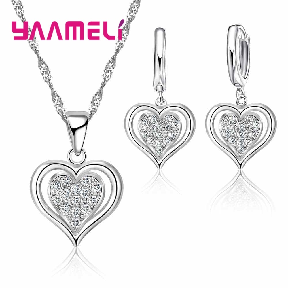 Europa Ketting Oorbellen Set Eenvoudige Stijl Dubbele Liefde Shape Kerst Surprise Voor Vrouwen 925 Sterling Zilver