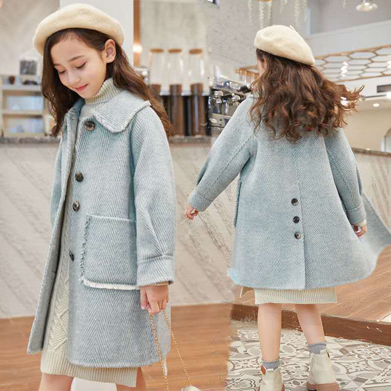 Children Girl Wool Coat Blends Jacket For Autumn Single-Breasted Turn Collar Big Pockets Solid Girls Coats