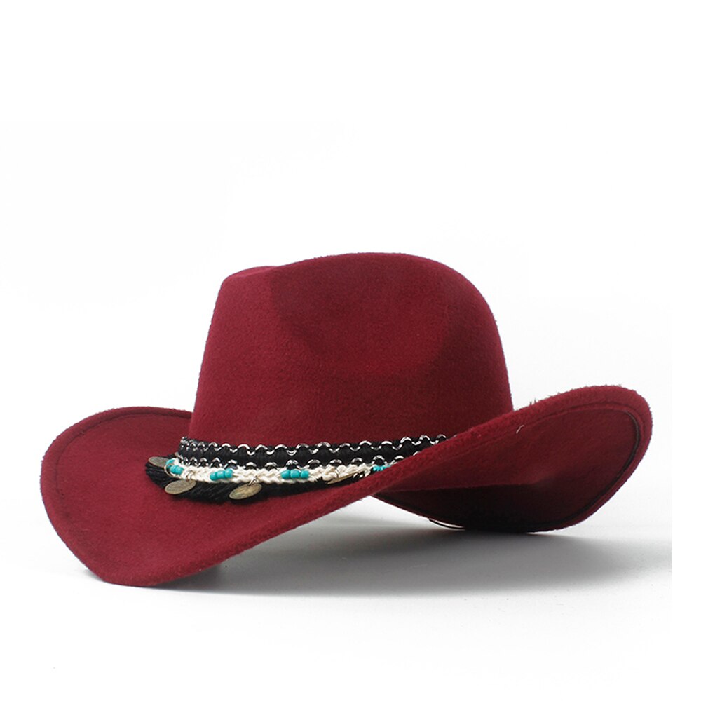 Women Western Cowboy Hat Lady Fascinator Outblack Cowgirl Sombrero Hombre Jazz Cap: Wine red