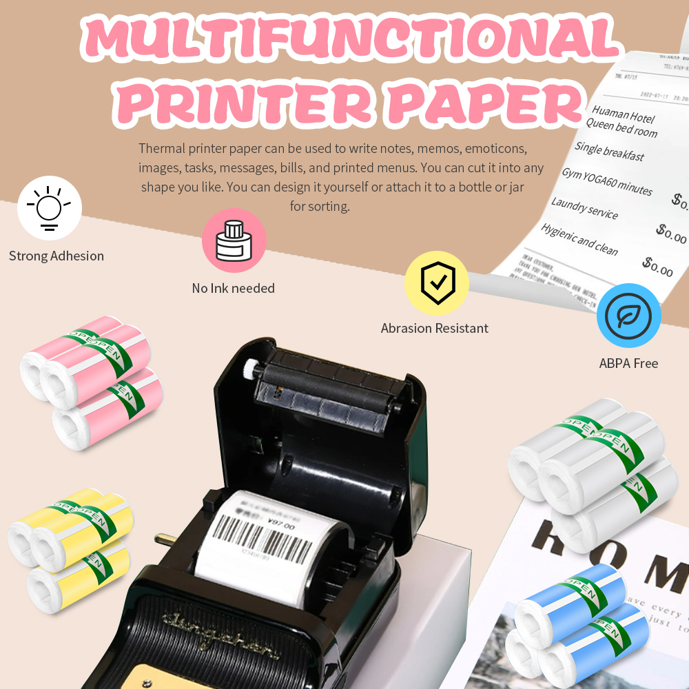 57*25MM HD Mini Printer Thermal Paper Self-adhesive Roll Paper Label Sticker Photo Inkless Printing Portable Printer Color Paper