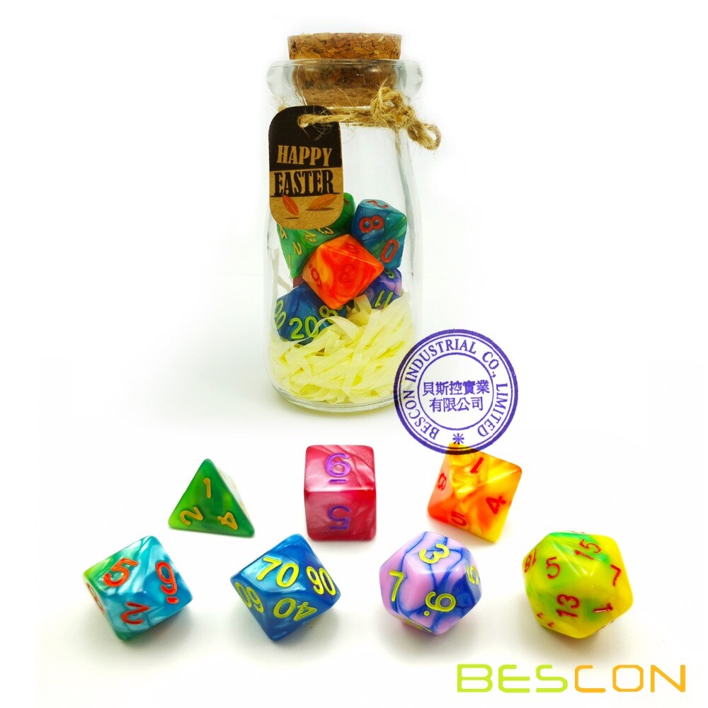 Bescon Easter Dice Polyhedral Dice 7pcs RPG Set in Glass Jar, RPG Dice Set of 7, DnD Easter Dice