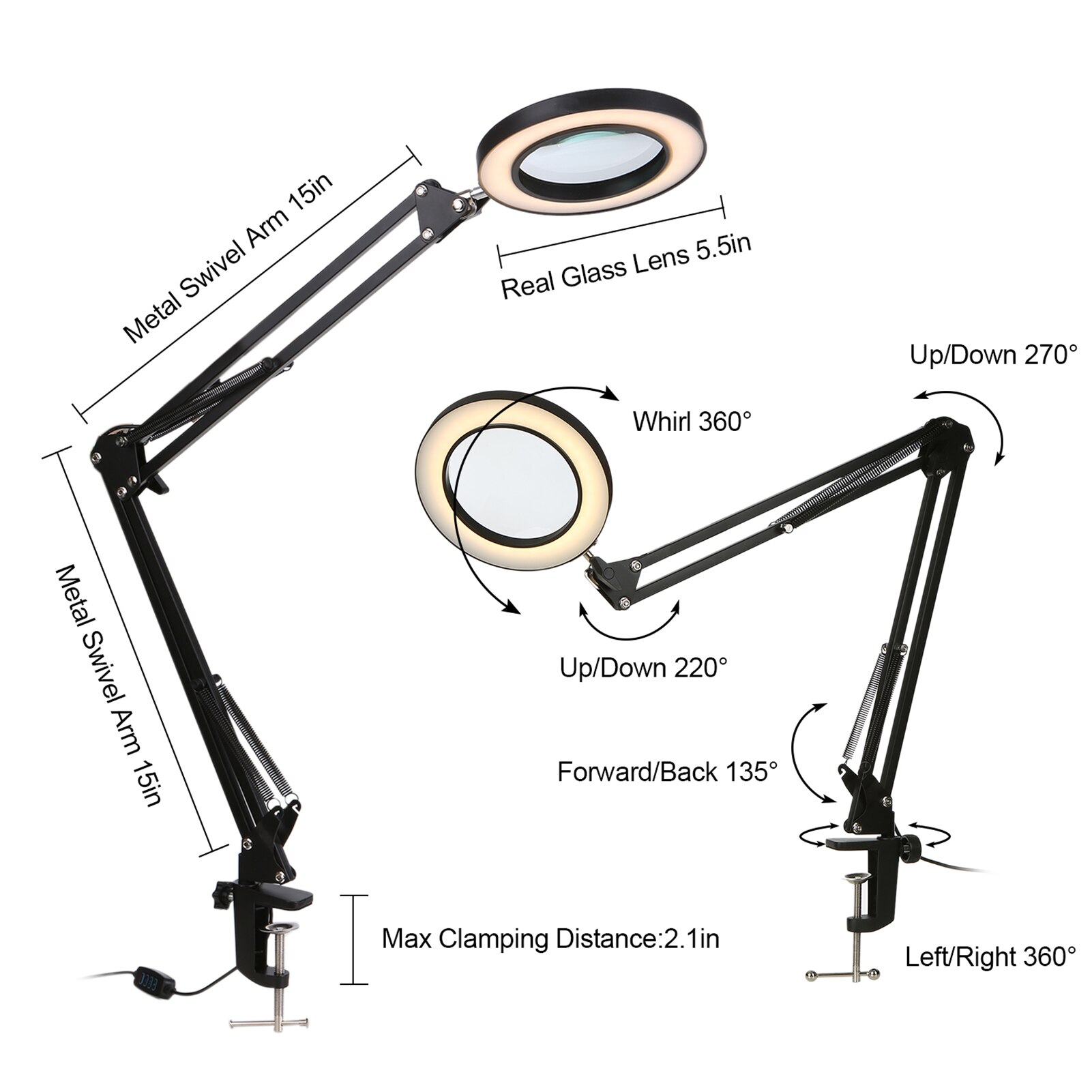 Magnifying Glass Magnifier with LEDs Clamp Clip Light 8X Magnification 10 Levels Brightness Dimmable Desk Lamp with Bracket