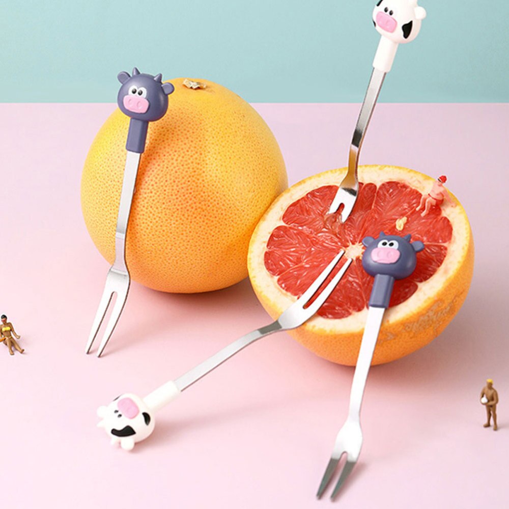 1 Set Cartoon Calf Fruit Forks Stainless Steel Forks with a Holder