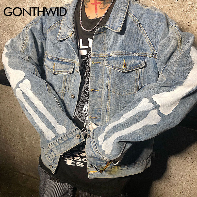 GONTHWID Graffiti esqueleto huesos imprimir chaqueta de mezclilla Streetwear hombres Hip Hop Punk Rock Jean abrigos Casual chaquetas