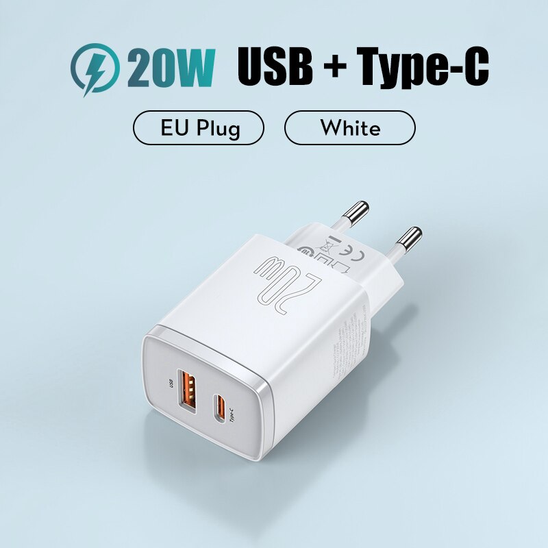 Baseus 20W caricabatterie USB tipo C Dual USB adattatore per ricarica rapida caricabatterie PD caricabatterie da viaggio portatile per iphone 12 13 pro Xiaomi: EU white