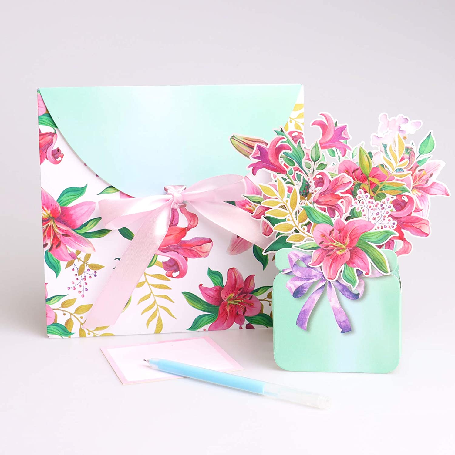 Lirio florero 3D, tarjeta emergente, tarjetas de felicitación de lirio rosa, tarjeta de agradecimiento, obtener buena tarjeta, flores 3D, tarjeta de flores Pop-Up
