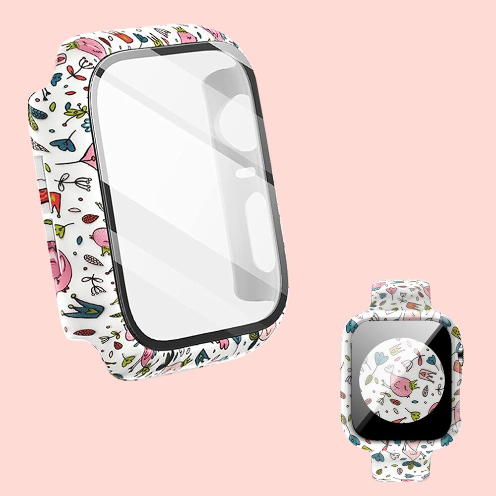 Funda + cristal para Apple Watch 44mm 40mm 38mm 42mm, cubierta protectora de leopardo de para parachoques de PC duro para iWatch SE 6 5 4 3 2 1: Color balayage / 7 Pulgadas y Superiores