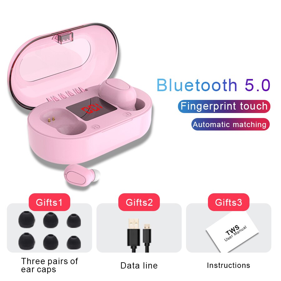 TWS Bluetooth Earphone With Microphone LED Display Wireless Bluetooth Earbuds Earphones Waterproof Noise Cancelling Headsets: Pink