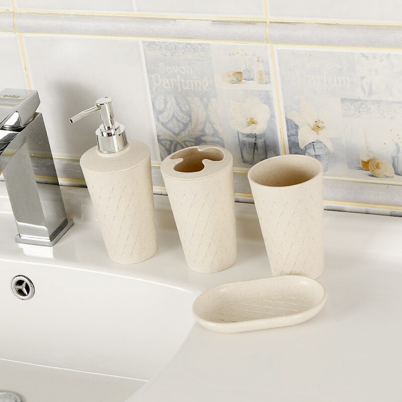 Juego de soporte para cepillo de dientes de paja de trigo Set de accesorios de baño, vaso, jabonera, dispensador de jabón, 4 unidades: Beige