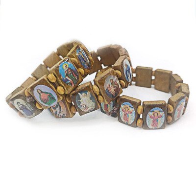 Pulseras iconos religiosos de madera de los santos y Jesús, Unisex, de madera, Paryer, Charm Jewelry para hombre,: light brown