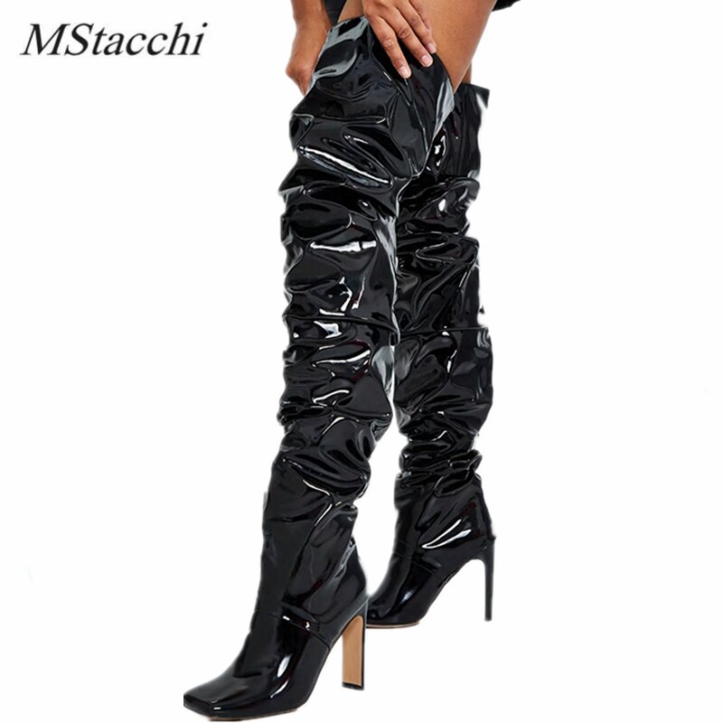 Mstacchi – Botas classiques en peluche pour femme, chaussures confortables plissées à talon épais et bout carré, cuissardes hautes, hiver