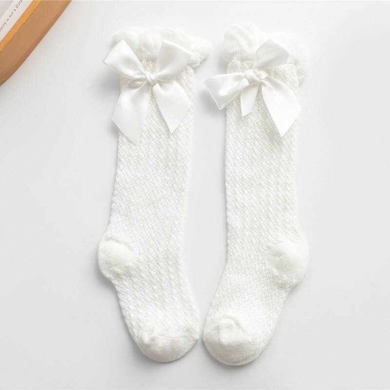 Summer Mesh Baby Girl Socks Bowknot Baby Knee High Socks Solid Color Infant Toddler Long Socks baby girl stuff mesh socks: white Socks