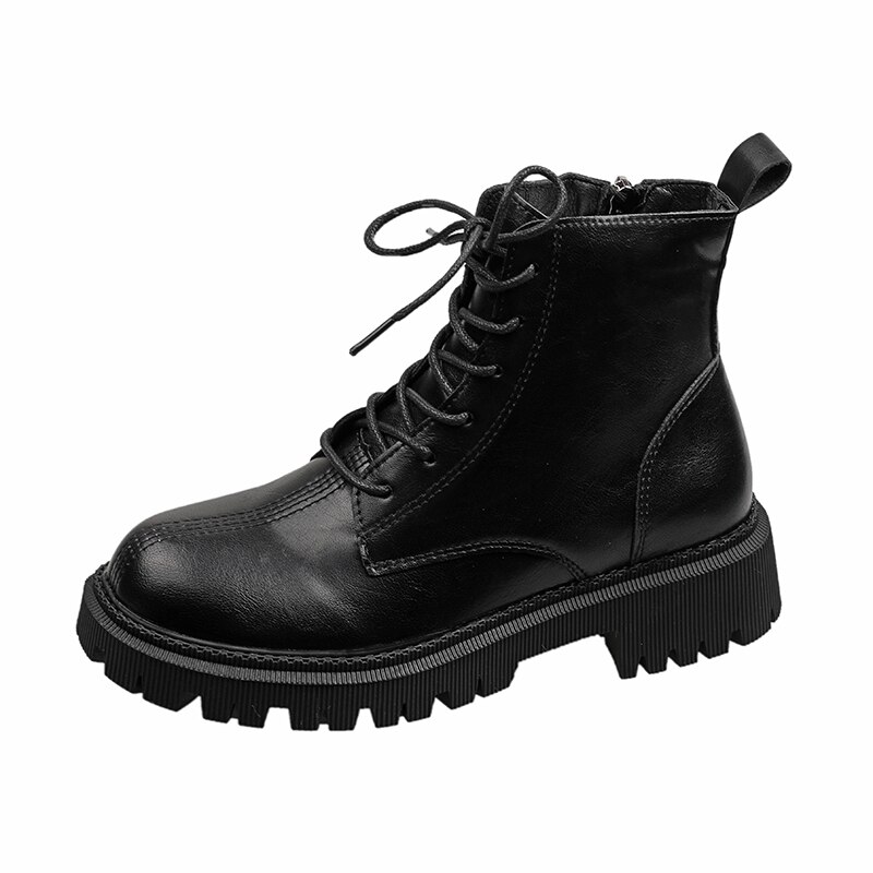 Chunky Martin Laarzen Vrouwen Bruin Warme Pluche Ronde Neus Kant Rits Lederen Lace-Up Britse Stijl Trendy Vrouwelijke enkellaarsjes: Black / 35