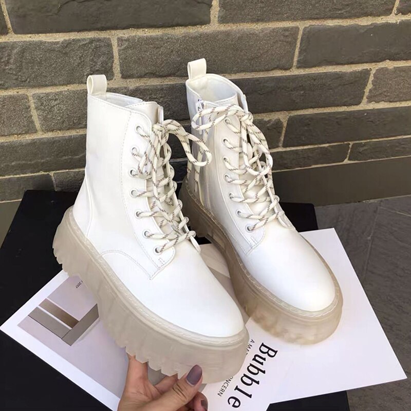 DXFAN punta redonda Creeper Martin botas mujer plataforma de tacón grueso botas de motocicleta mujeres sólidas Zapatos mujer Botines