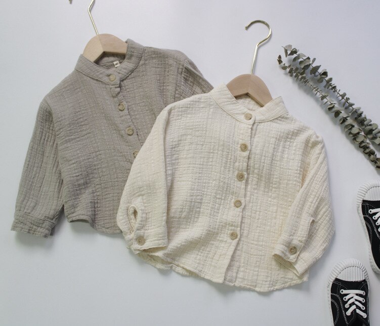 Höst baby pojkar bomull linne skjortor ren färg koreansk stil ståkrage små barn barn långärmade skjortor toppar