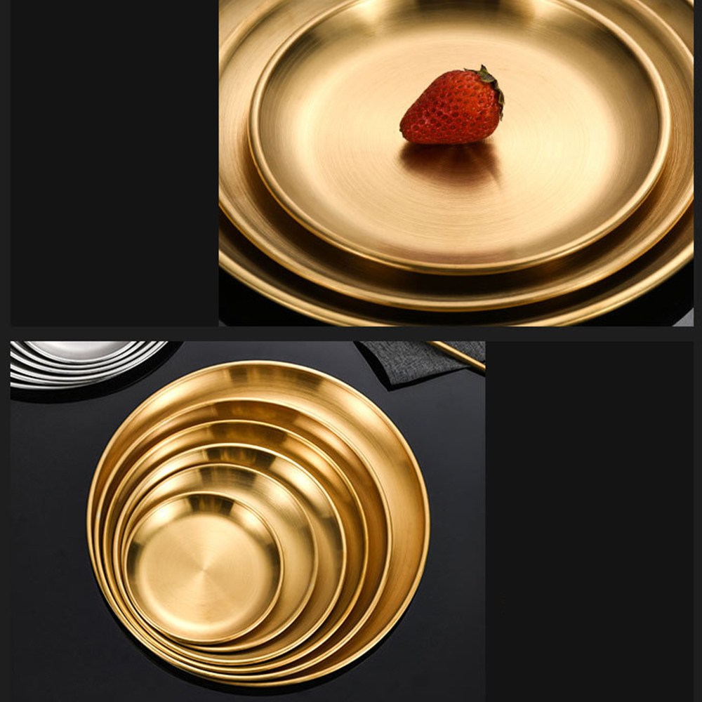 1Pc Edelstahl Runde Platte Knochen Spucken Schüssel Flach Tablett Metall Camping Platte Esszimmer Rabatt BBQ Picknick Gerichte Kochgeschirr