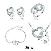 Bijoux fins en argent Sterling 925, aigue-marine autrichien cristal mariage coeur ensemble s046