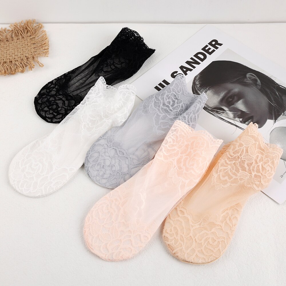 Calcetines tobilleros invisibles antideslizantes para mujer y niña, medias de malla de encaje con flores, elásticas, ultrafinas, 5 pares