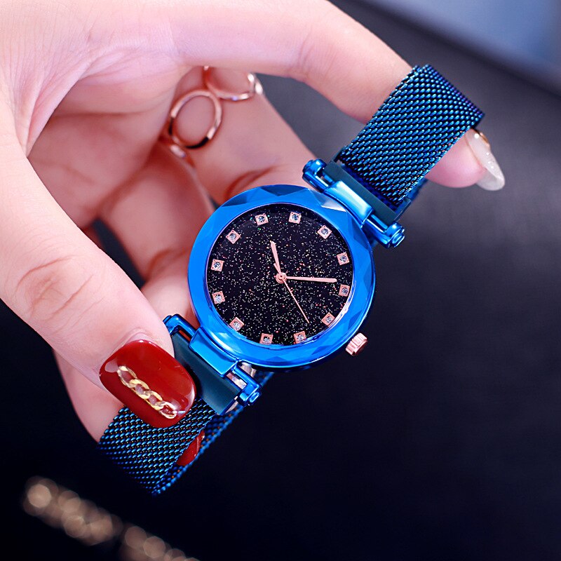 Luxe Sterrenhemel Mesh Armband Horloge Voor Vrouwen Stijlvolle Crystal Quartz Dames Pols Horloges Zwarte Goud Dames Horloge: XX001blue