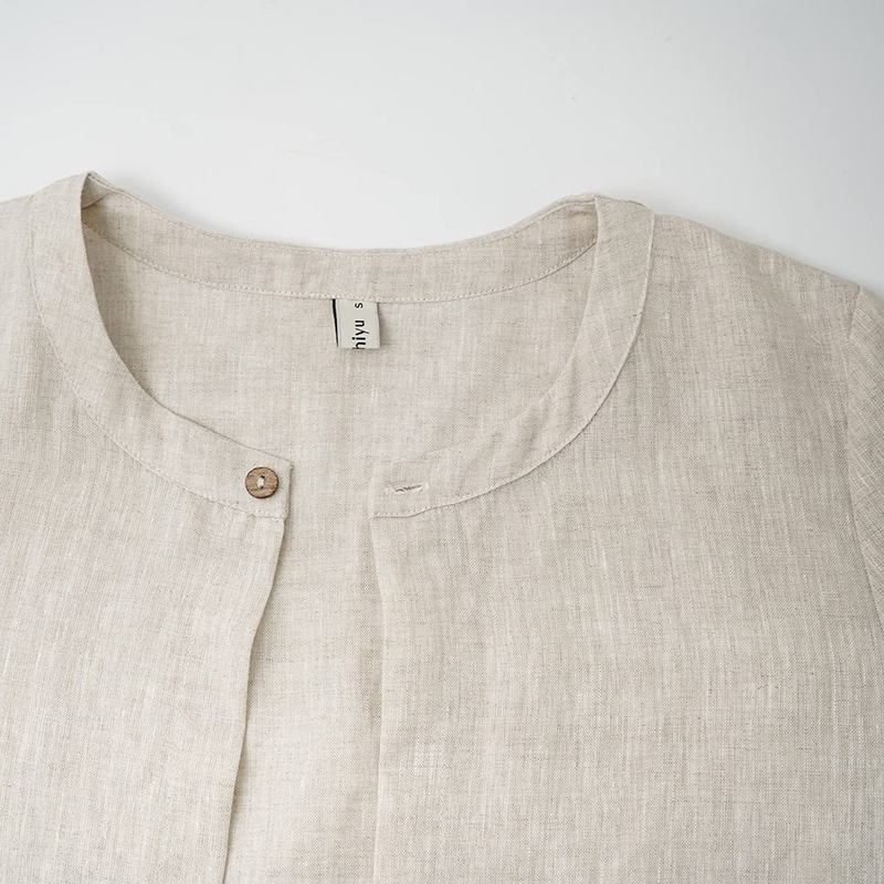 Retro 100% Linho Mulheres Jaqueta Cardigan Casual Solto Meia Manga Botão Até Casacos Básicos Sobretudo Feminino Veste Femme