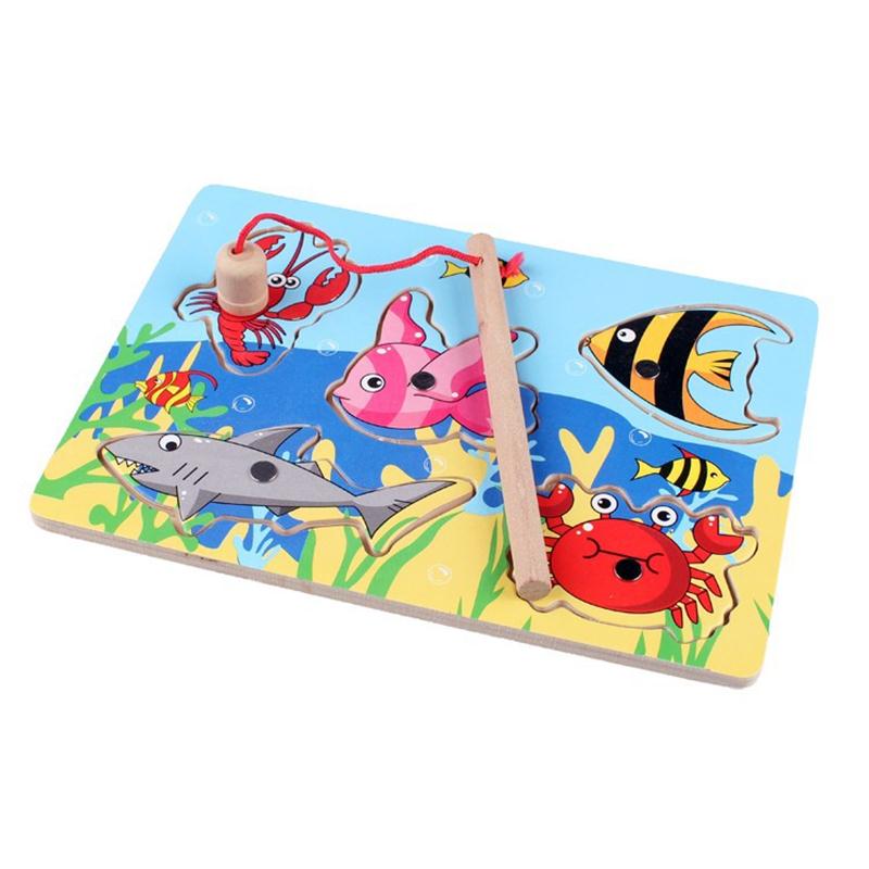 Baby Educational Toys 15Pcs Fish Wooden Magnetic Fishing Toy Set Fish Game Educational Fishing Toy