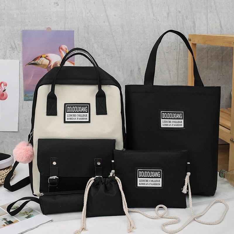 5Pcs/set Canvas School Bag For Teenager Girls Student Larger Capacity Women Travel School Laptop Backpacks Female Book Bag: Black