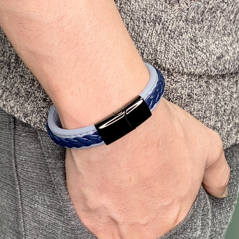 FORTAFY Men Punk Jewelry Gray &amp; Blue Braided Leather Bracelet for Mens Bracelets Stainless Steel Magnetic Clasp Wristband FR0011