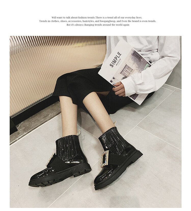 Ademende martin-laarzen met strass-steentjes, gesp van vee, leren laarzen met ronde kop en platte chelsea-dameslaarzen