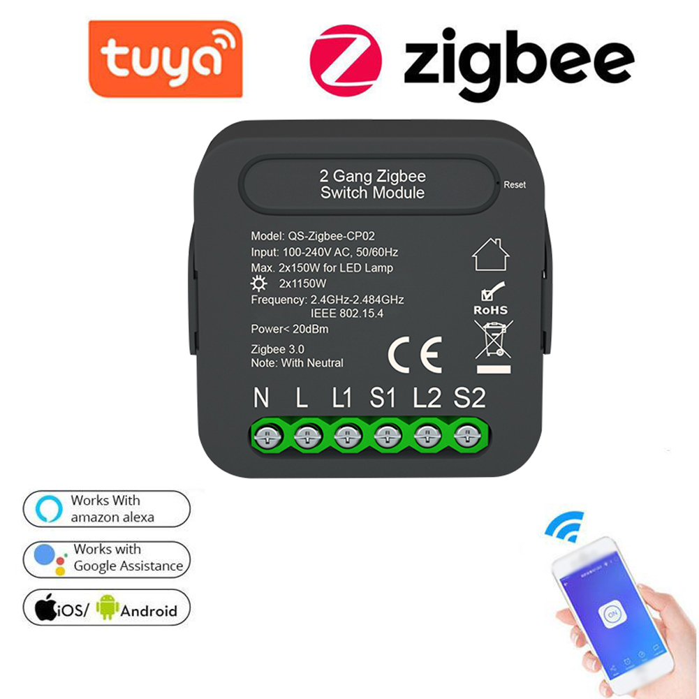 Tuya ZigBee Intelligent Switch Module Intelligent Home Electrical Appliance Conversion Module 2 Gang Lighting Switch Module
