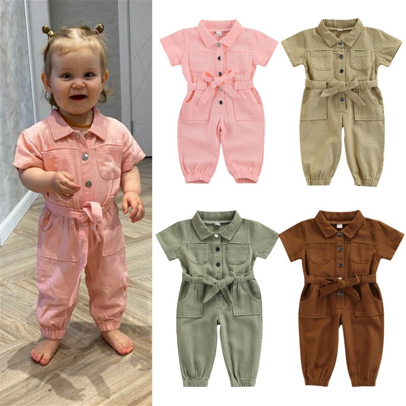 Mono vaquero para niñas de 0 a 6 años, ropa para niños pequeños de manga corta con bolsillo de solapa, pantalón largo, pelele,
