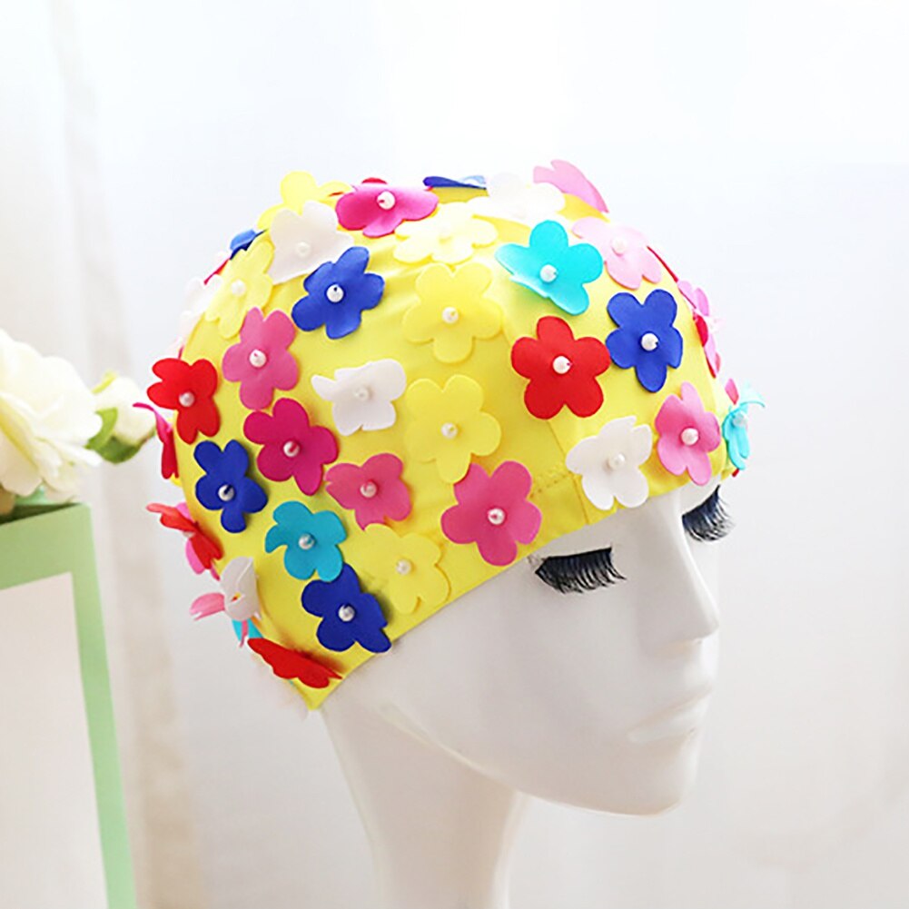 Gorro de baño con de flores 3D para mujer, gorro de baño impermeable, sombrero para champú, gorro de playa para nadar, gorros de ducha de pelo largo: 3C