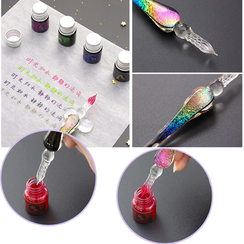 Krystal stjernehimmel glas pen vintage signatur tegning kalligrafi pen glas dip pen sæt  em88