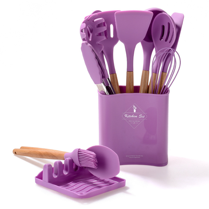 13Pcs Kitchen Silicone Cooking Utensils Set Wooden Handle Silicone Spatula Spoon Nonstick Kitchen Cooking Tools With Storage Box: Purple