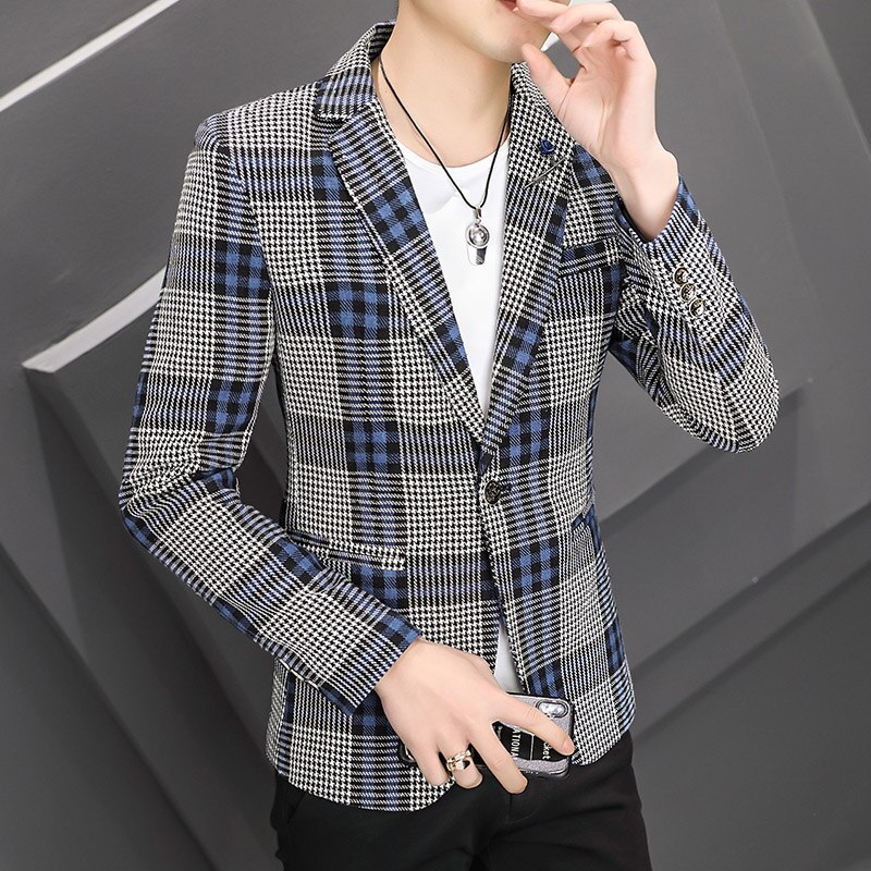 Chaqueta a cuadros de estilo británico para hombre, Blazer ajustado de un solo pecho, traje informal inteligente para y boda