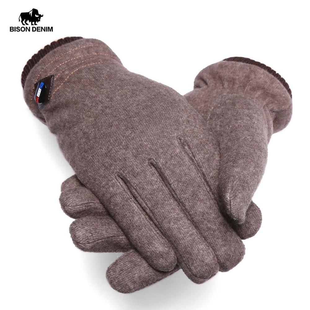 Bison dneim vinterhandsker til mænd ægte uld berøringsskærm vindtæt fuldfinger tykkere varme vintermændshandsker  s035: Mørk khaki