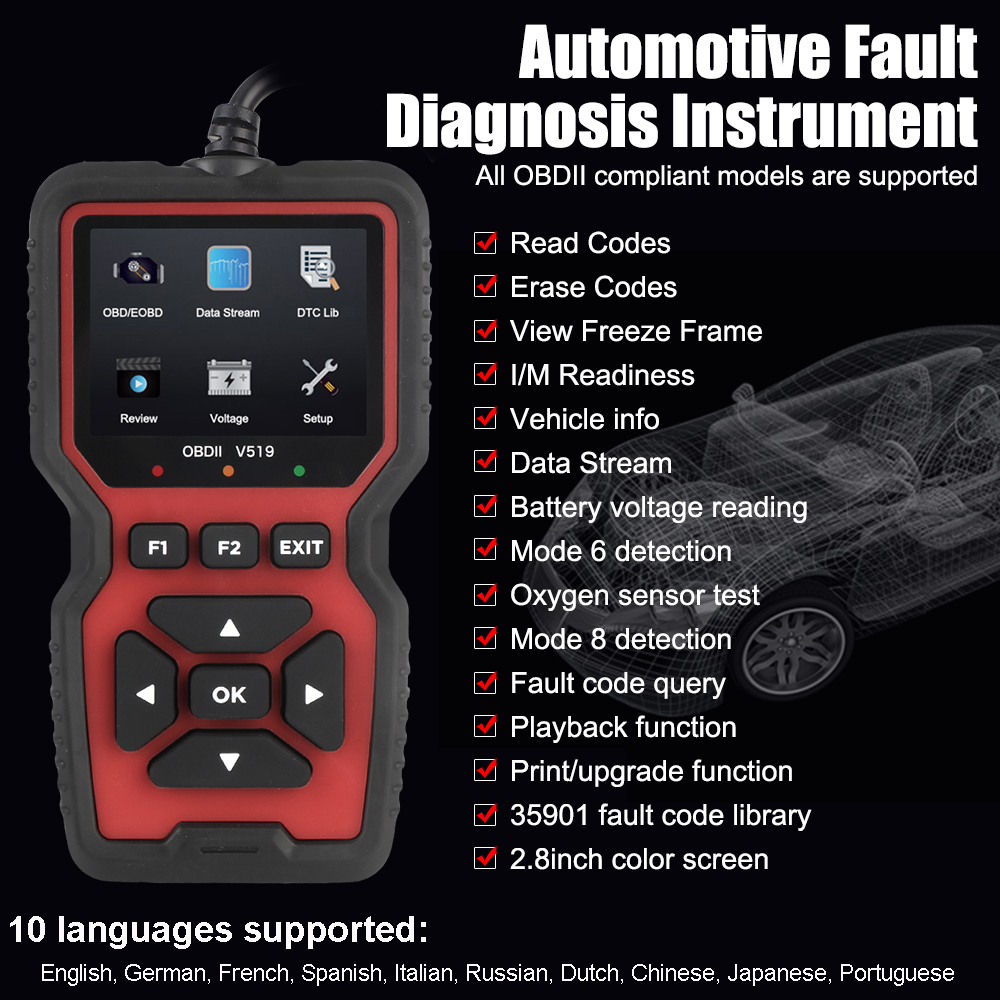 Lectura de fallos de motor, detección de voltaje de batería de datos, V519, Elm327, lector de código, instrumento de diagnóstico de fallos automotrices, escáner OBD2
