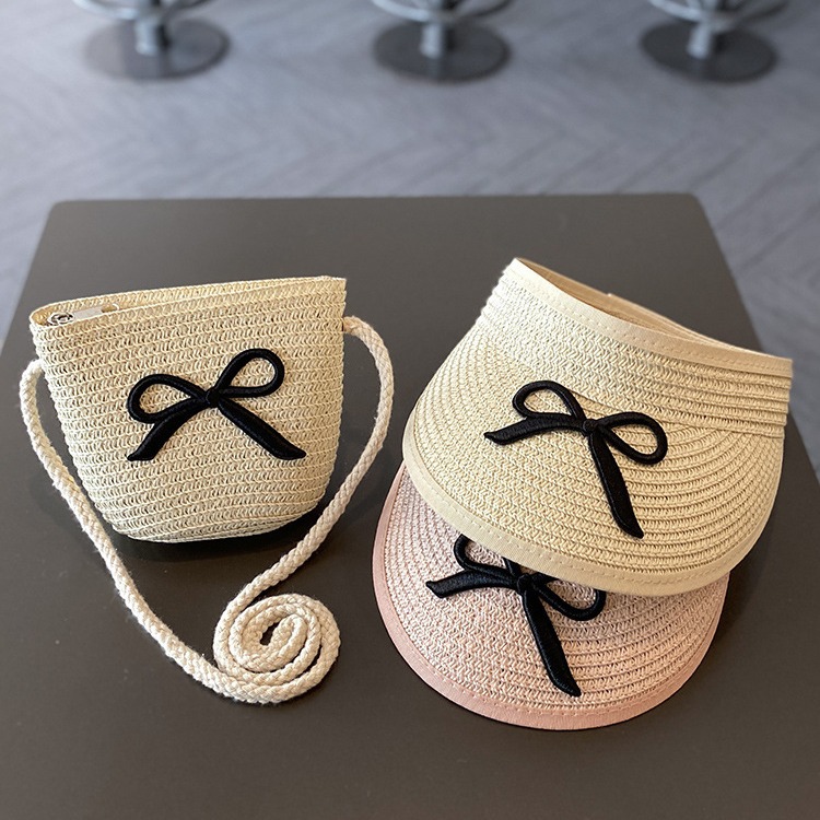 Chapéu de palha e bolsa de ombro verão para meninas, chapéu de sol superior vazio infantil, aba grande, bowknot, viseira de praia ao ar livre, boné de sol para bebê