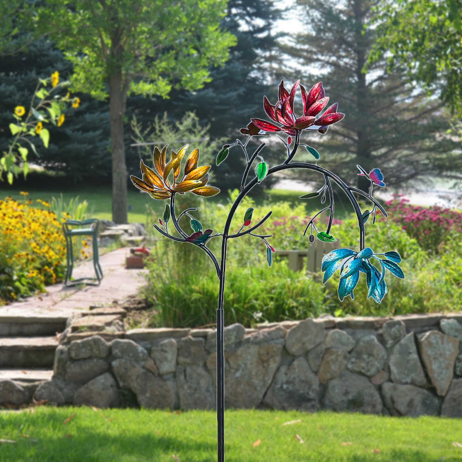 Large Metal Wind Spinner With Three Spin Flowers And Butterflies Windmill Rotating Garden Lawn Party Decor Toy Funny