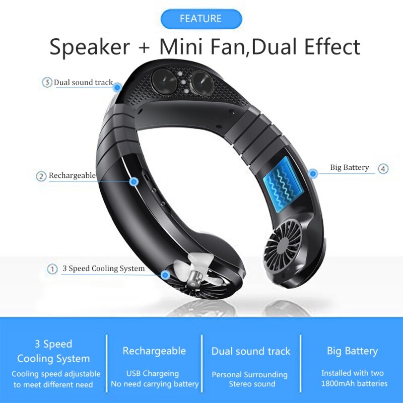 Nakkevifte håndfri mini usb frakt bluetooth spiller bærbar sportsvifte nakkehengende musikk lyd luftkjøler fans