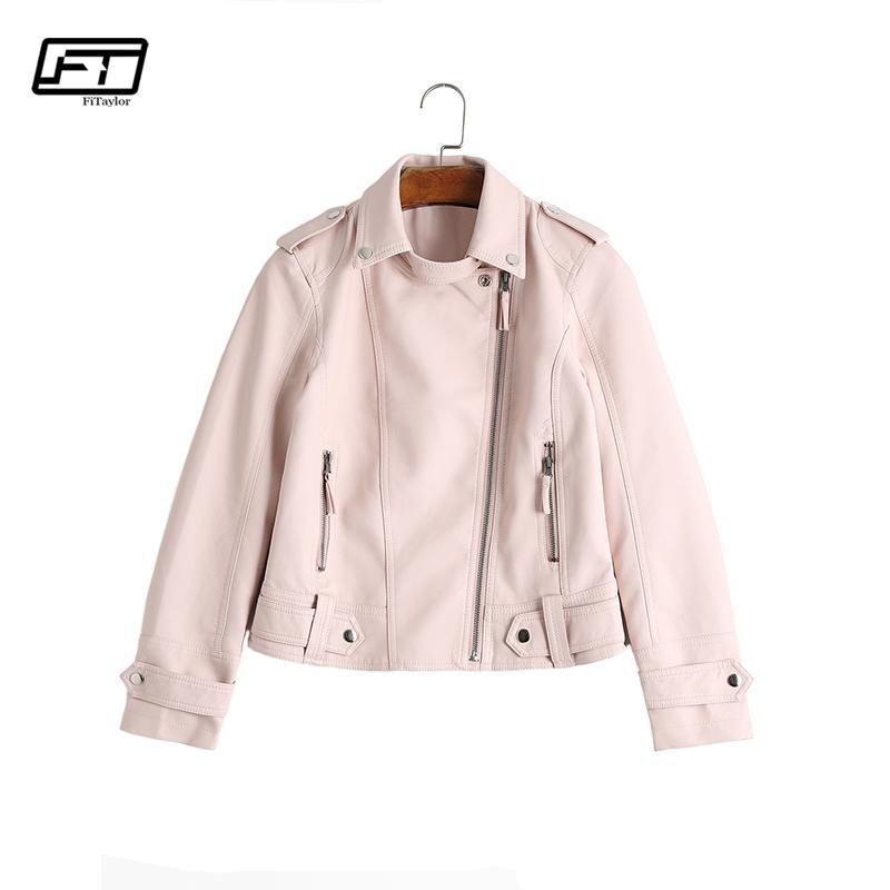 Women Motorcycle Leather Jacket Short Faux Leather Biker Coat Casual Basic Outwear Pink Black PU Bomber Jackets: pink / XL