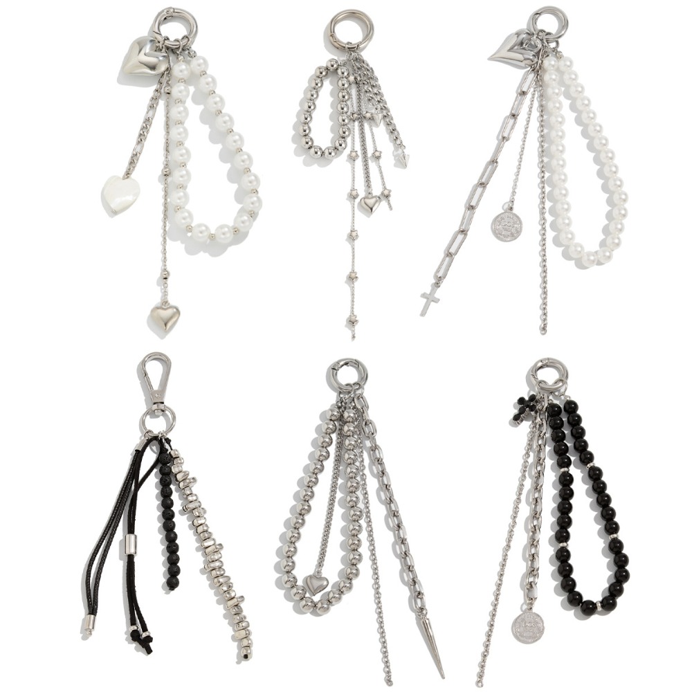 Moda metal pérola frisado chaveiro pêssego coração forma borla decoração saco de contas corrente pingente jóias saco acessórios