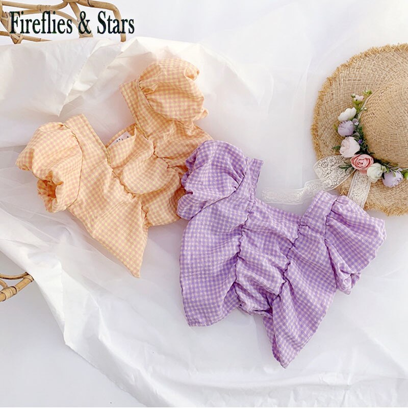 Zomermeisjes blouse baby shirt kinder topjes kinderkleding paars geruit geplooid gerimpeld pofmouw 1 to 9 jaar